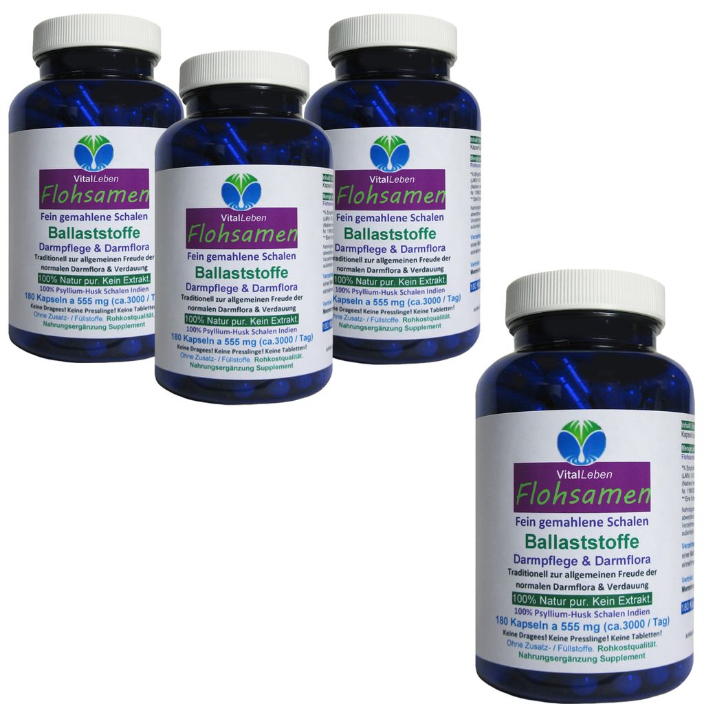 Flohsamen Premium feine Flohsamenschalen INDIEN 720 (4x180) Psyllium Ballaststoff Kapseln NATUR pur OHNE Zusatzstoffe