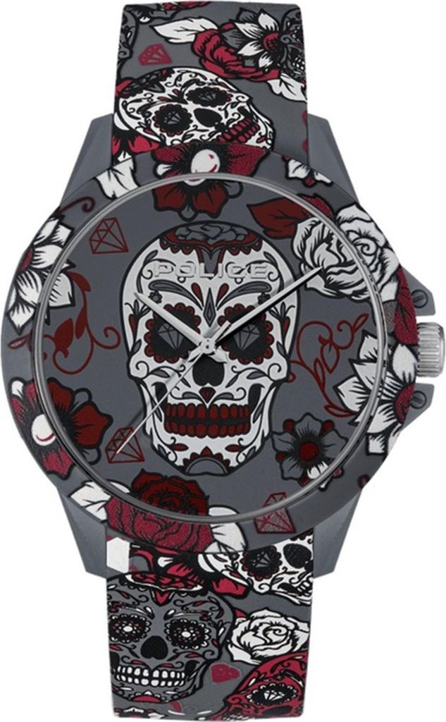 A close-up, front-facing view of a watch with a skull and floral pattern.