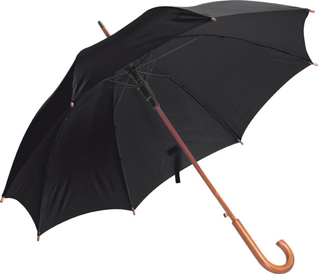 A black umbrella with a wooden handle and shaft, shown against a white background.