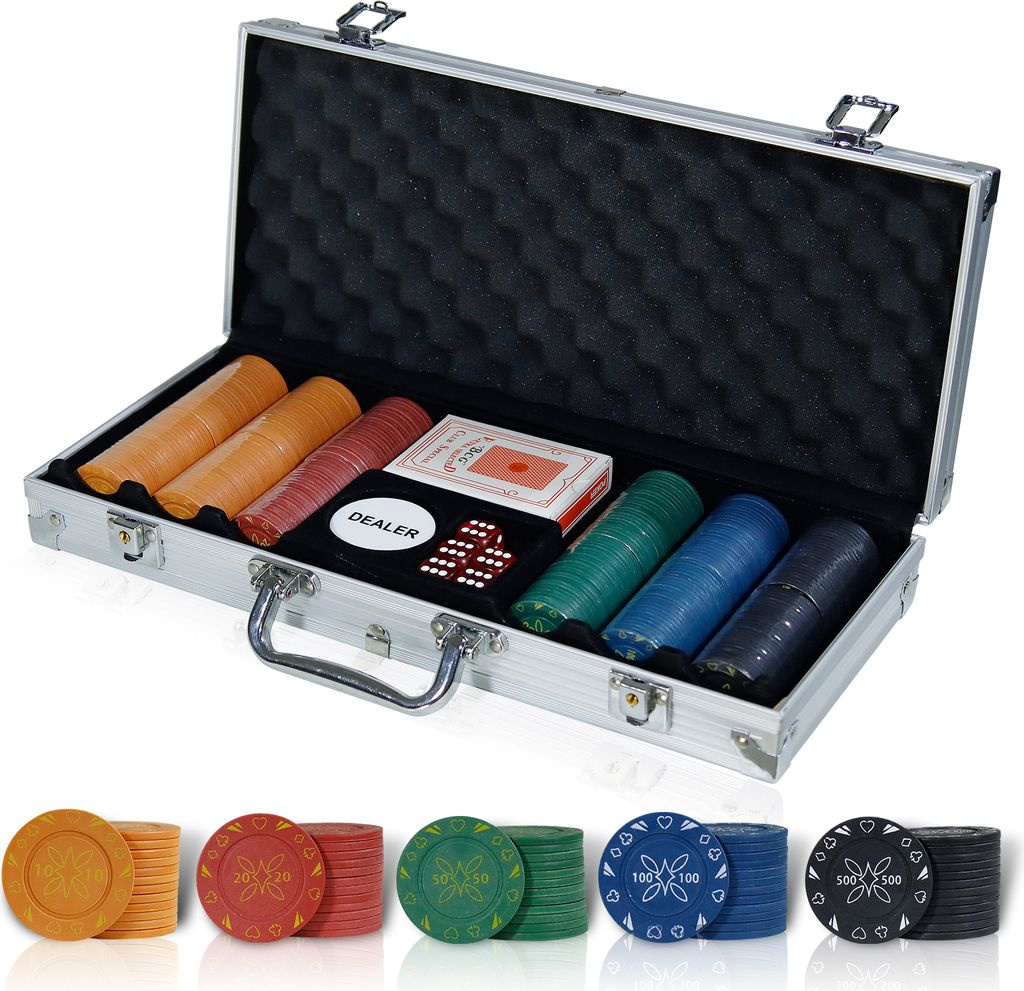 Juego De Póquer Completo Con 500 Fichas, 2 Barajas, 5 Dados Y Maletín – Alfombra Verde Incluida, Ideal Para Noches De Casino En Casa