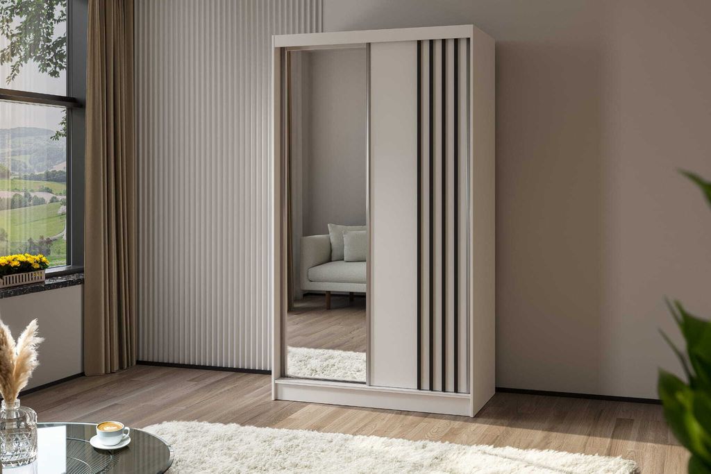 AGMAT Schwebetürenschrank Lugo, Kleiderschrank mit 2 Türen und Spiegel, Moderne Garderobe in Farbe: Weiß / Weiß, Schrank in Größe: 120 x 216 ...