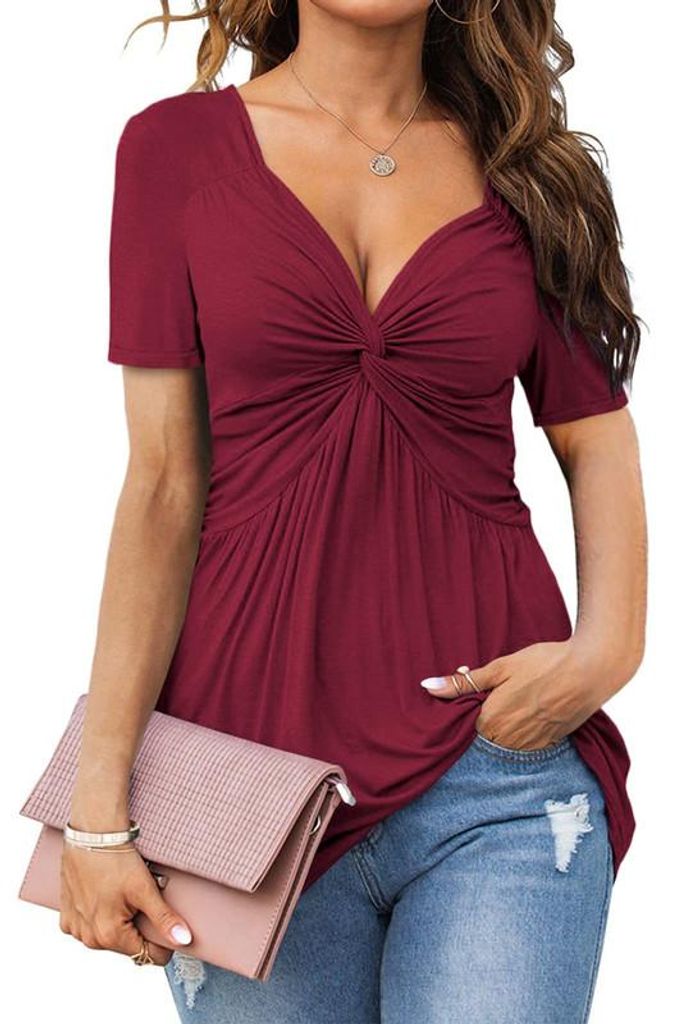 Imily Bela Womens Front Knotted V-Neck Blouse T Shirt Short Sleeve Oversized Tunic Tops Summer Solid Pullover Tees