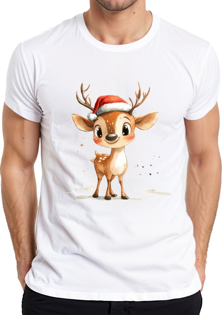 Weihnachtsrentier Aquarell Süß Santa Hut Geschenk Kinder Niedlich Herren T-Shirt, Weiß, L