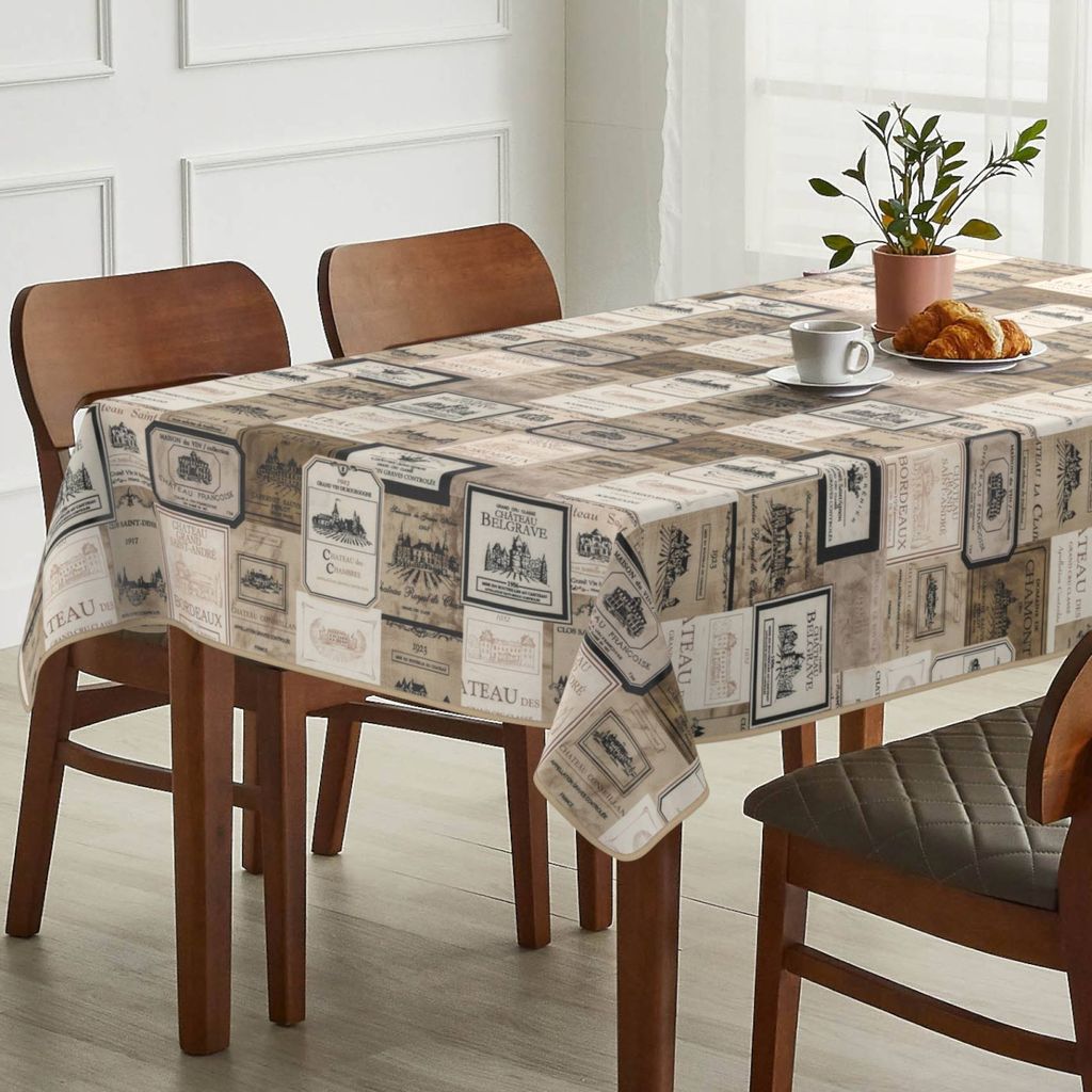 Tischdecke Wein aus Stoff mit Digitalprint Tischtuch EasyClean ACRYL Beschichtet Tischwäsche Digitaldruck Beige 140x500cm mit Paspelband