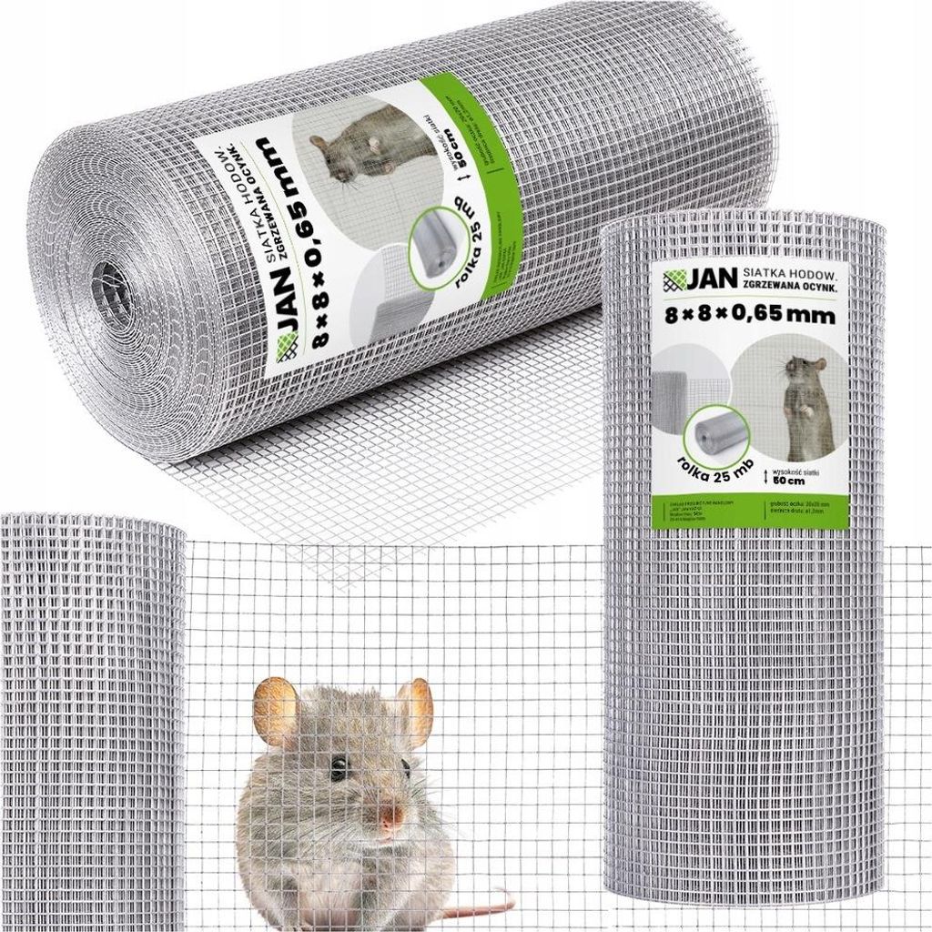 A collage of images showing rolls of wire mesh and a close-up of a rodent behind the mesh.