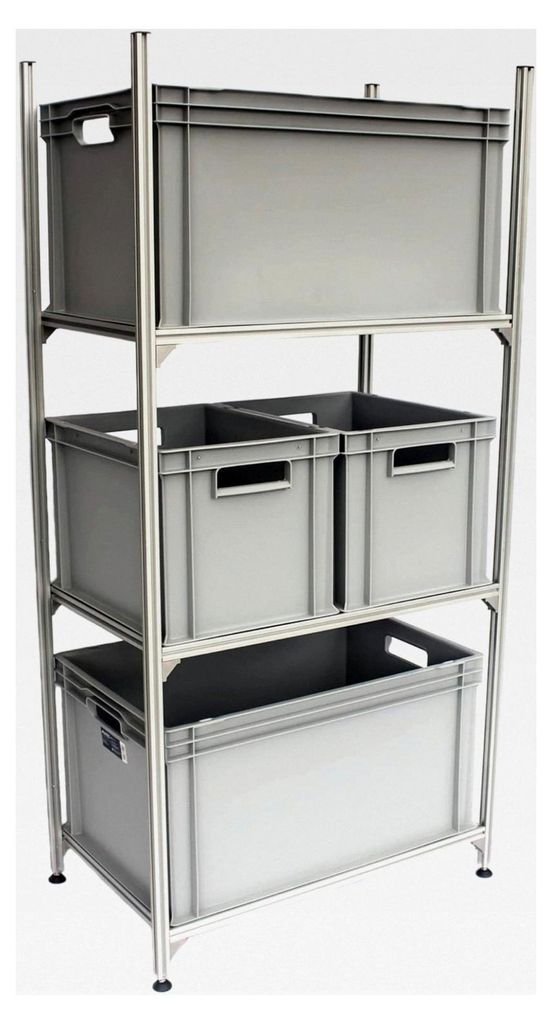 Regalsystem für Wohnmobile, Leichtes Regal für Euroboxen, Montage ohne Beschädigung in der Heckgarage (Entnahme der Boxen nach vorne)