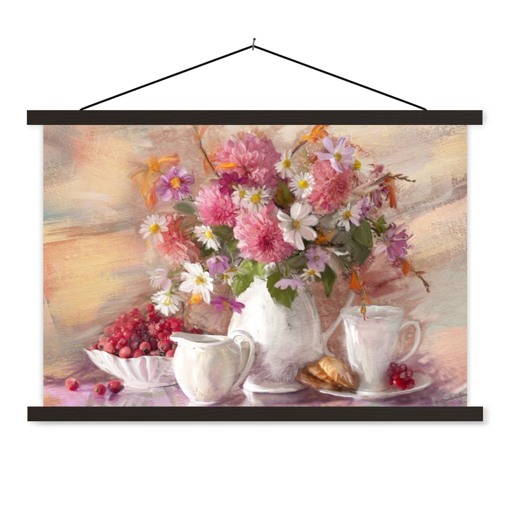 MuchoWow Textilposter Gemälde - Blumen - Vase - Ölfarbe 90x60 cm mit schwarzem Rahmen - Aufhängungssatz