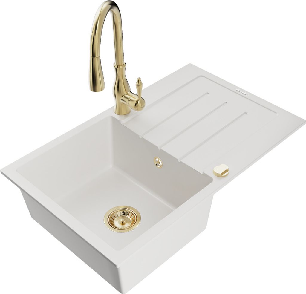 Mexen Bruno 1 Becken-Granitspüle mit Abtropffläche und Mischbatterie Savita, Weiß - 6513-20-672601-50