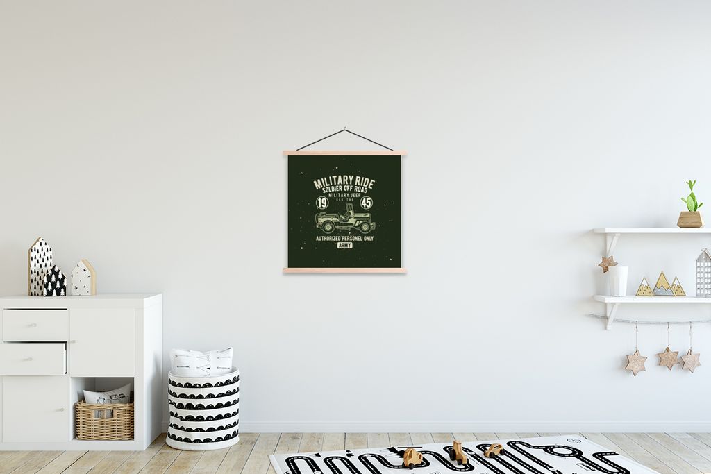 MuchoWow Textilposter Mancave - Auto - Jeep - Oldtimer 40x40 cm mit holzfarbenen Rahmen - Posterleiste