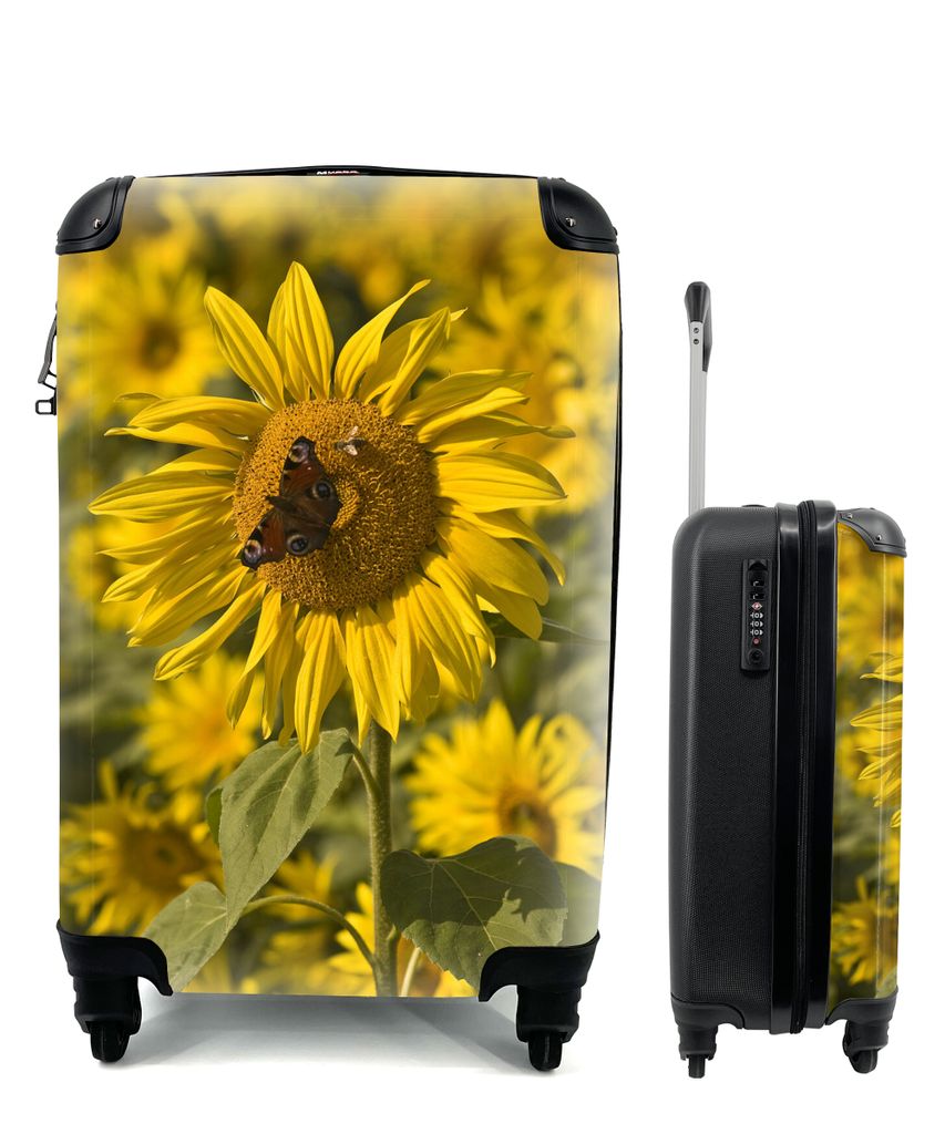 MuchoWow Koffer Handgepäck Trolley Rollkoffer Kleine Reisekoffer mit 4 Rollen - Tagpfauenauge Schmetterling auf einer Sonnenblume - Cabin Size <...