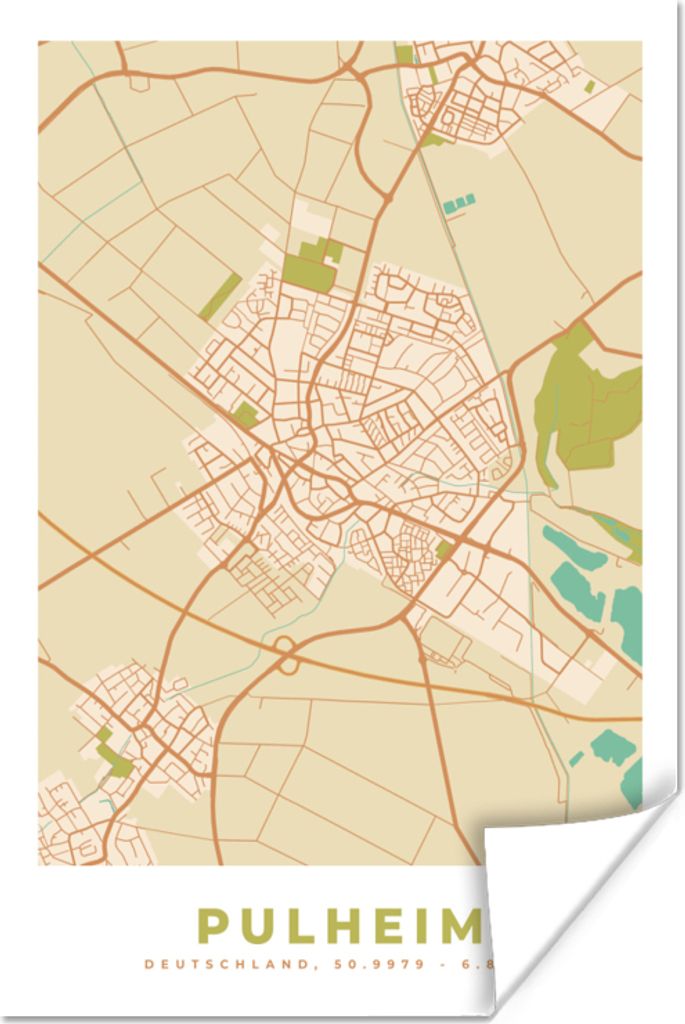 MuchoWow Poster Karte - Pulheim - Stadtplan - Vintage - Karte 120x180 cm - Kunstposter
