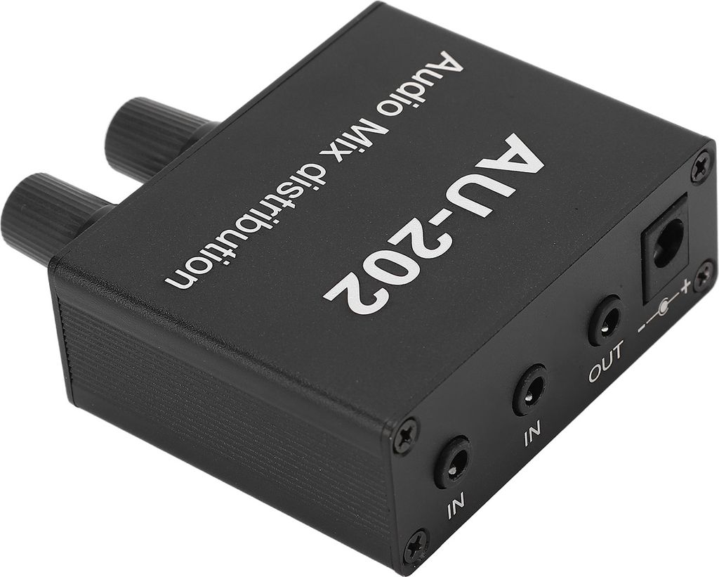 Stereo-Mixer, Audio-Verteiler, 2 Eingänge, 2 Ausgänge, 3,5-mm-Klinkenstecker, Plug-and-Play, Audio-Mix-Verstärker aus Aluminiumlegierung