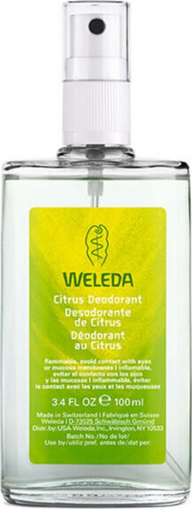 A clear product shot of a Weleda Citrus Deodorant spray bottle against a white background.