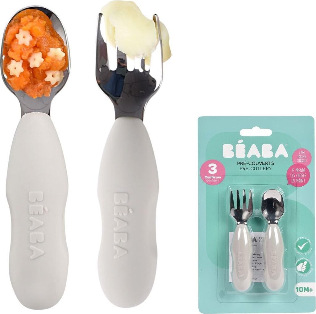 BÉABA, 2er-Set Edelstahl- und Silikon-Vorbesteck, Babybesteck, Kinderbesteck, ab 10 Monaten, Ergonomische Form, Ergonomischer Griff, Baby-Lernbest...