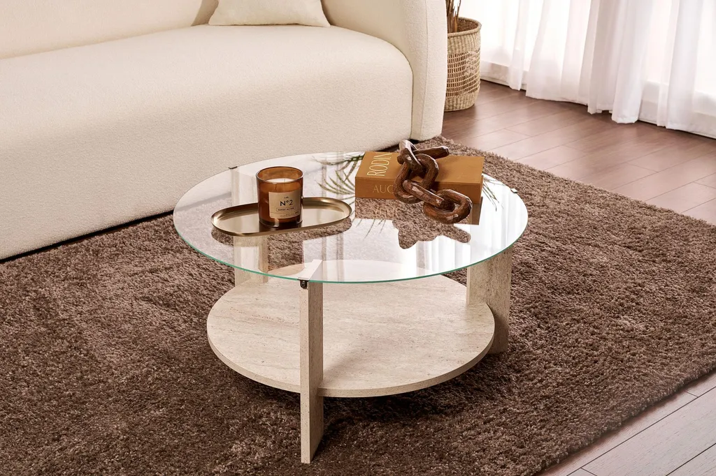 Table Basse Clara Aspect Travertin : Style Pierre sans le Poids 75x75cm