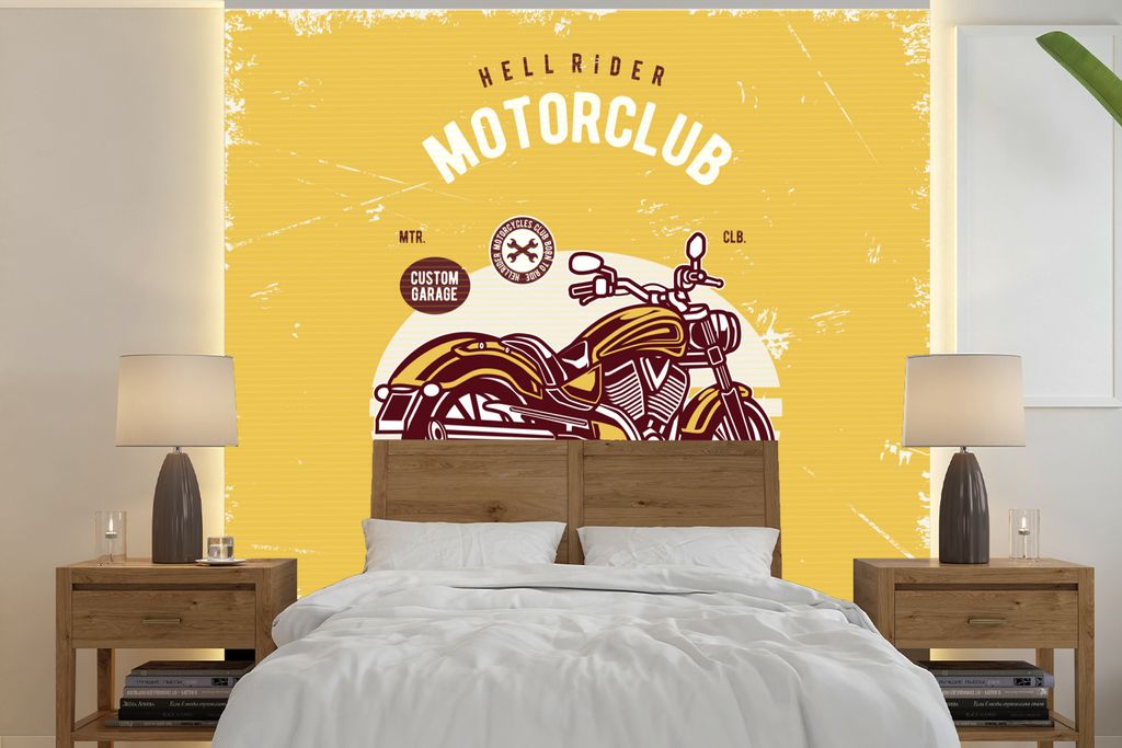 MuchoWow Fototapete für Wohnzimmer oder Schlafzimmer Wandtapete Vinyl Motivtapete Motorrad - Gelb - Retro - 240x240 cm - Schlafzimmer-Tapete