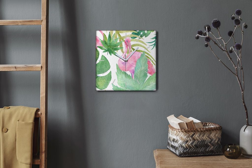 Coloray Hodiny Unikátní 30x30 cm Tiché hodiny Pro obývací pokoj a kuchyň Nástěnné hodiny Plátno Bílé ručičky hodin - Flamingos listy