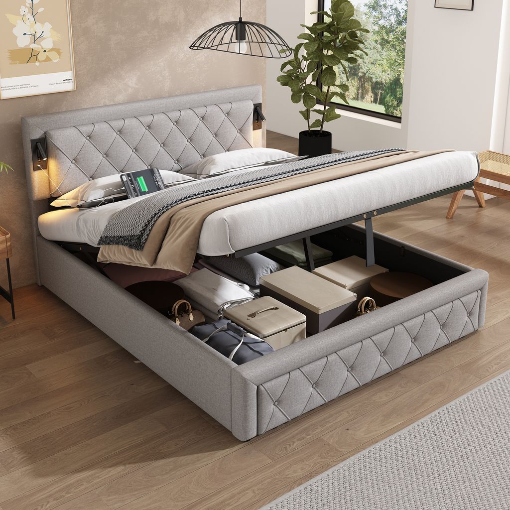 Flieks Hydraulisches Polsterbett 160x200cm mit USB & Type-C, Boxspringbett Doppelbett mit Lichte, Stauraumbett Holzbett Jugendbett, Leinen, Grau