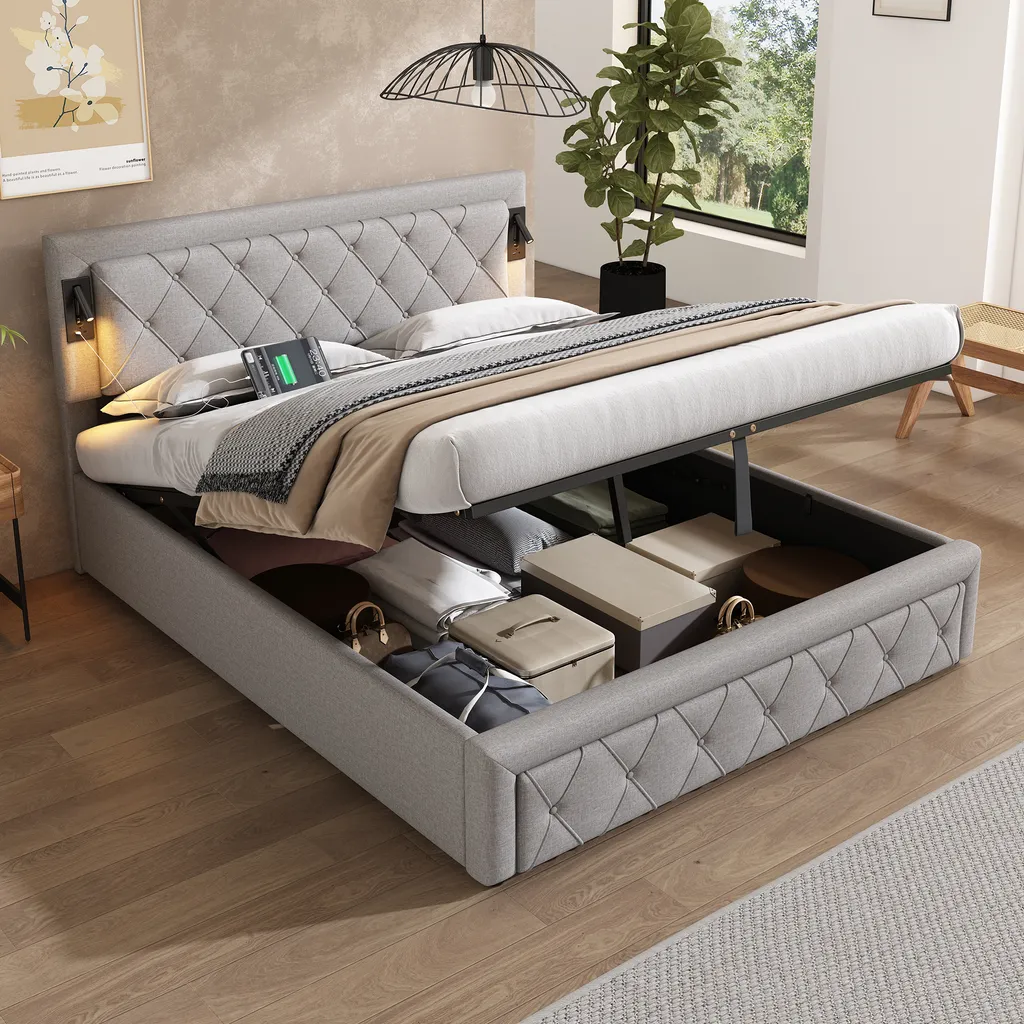 Lit coffre 160x200 cm avec sommier relevable et tête de lit en lin gris