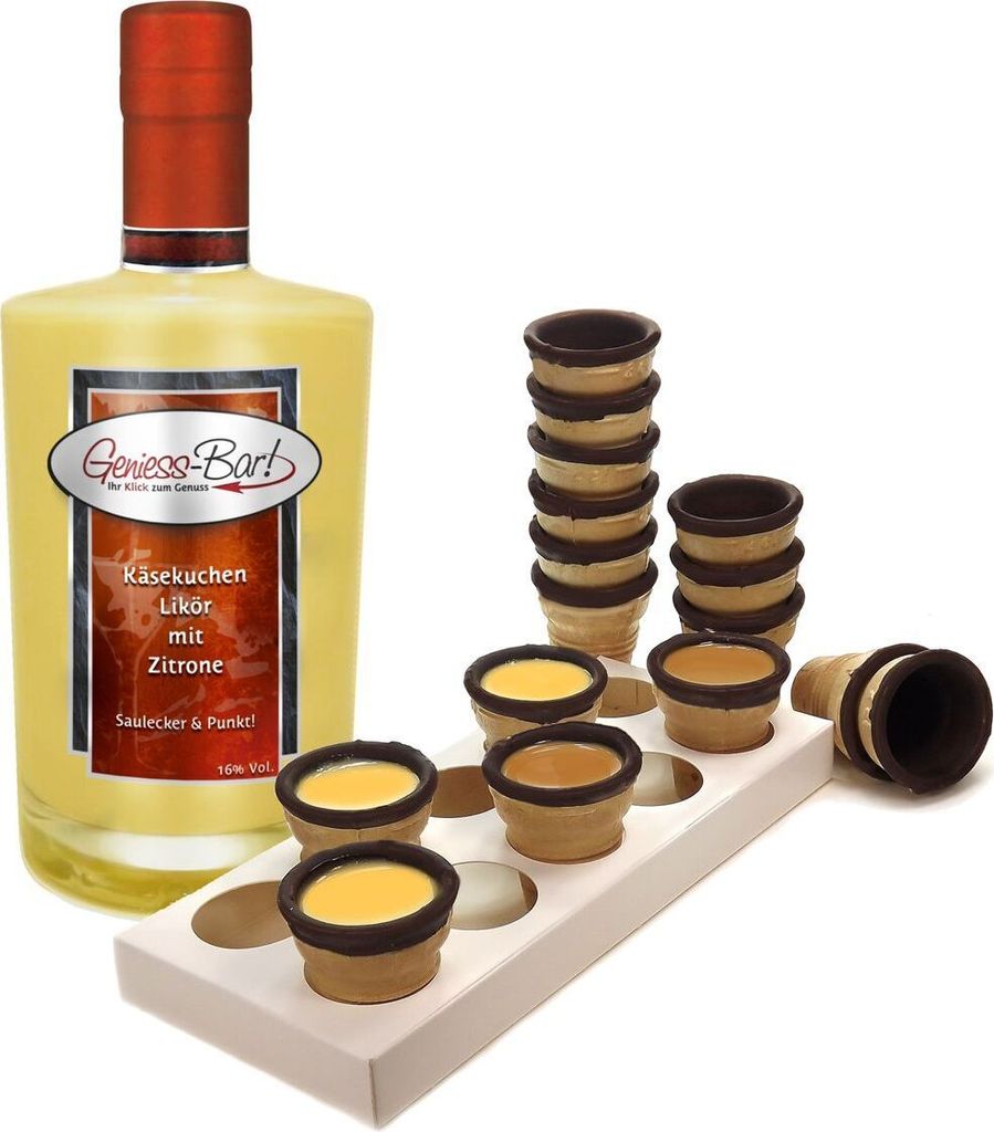 Käsekuchen Likör mit Zitrone 0,35L mit 8 Waffelbechern & Becherhalter - Saulecker! Lemon Cheesecake Liqueur 16% Vol.
