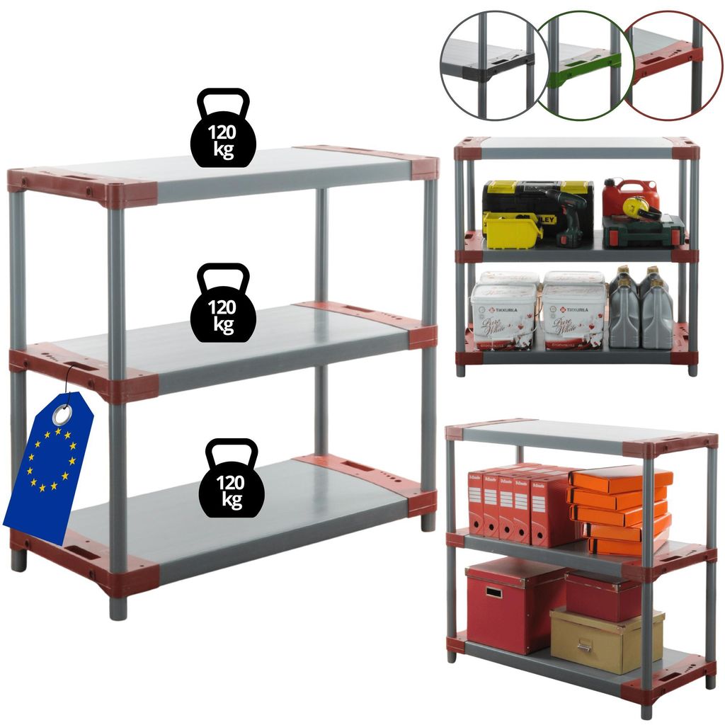 MODO24 Kunststoffregal, 3 Ablagen, 120kg/Boden, Schwerlast, Steckregal, Lagerregal, Plastikregal, Werkstatt, 98x110x46?cm, Rot, JUPITER