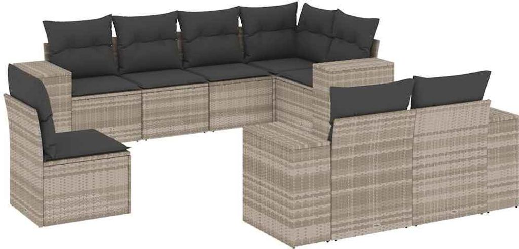 vidaXL 8-tlg. Garten-Sofagarnitur mit Kissen Hellgrau Poly Rattan