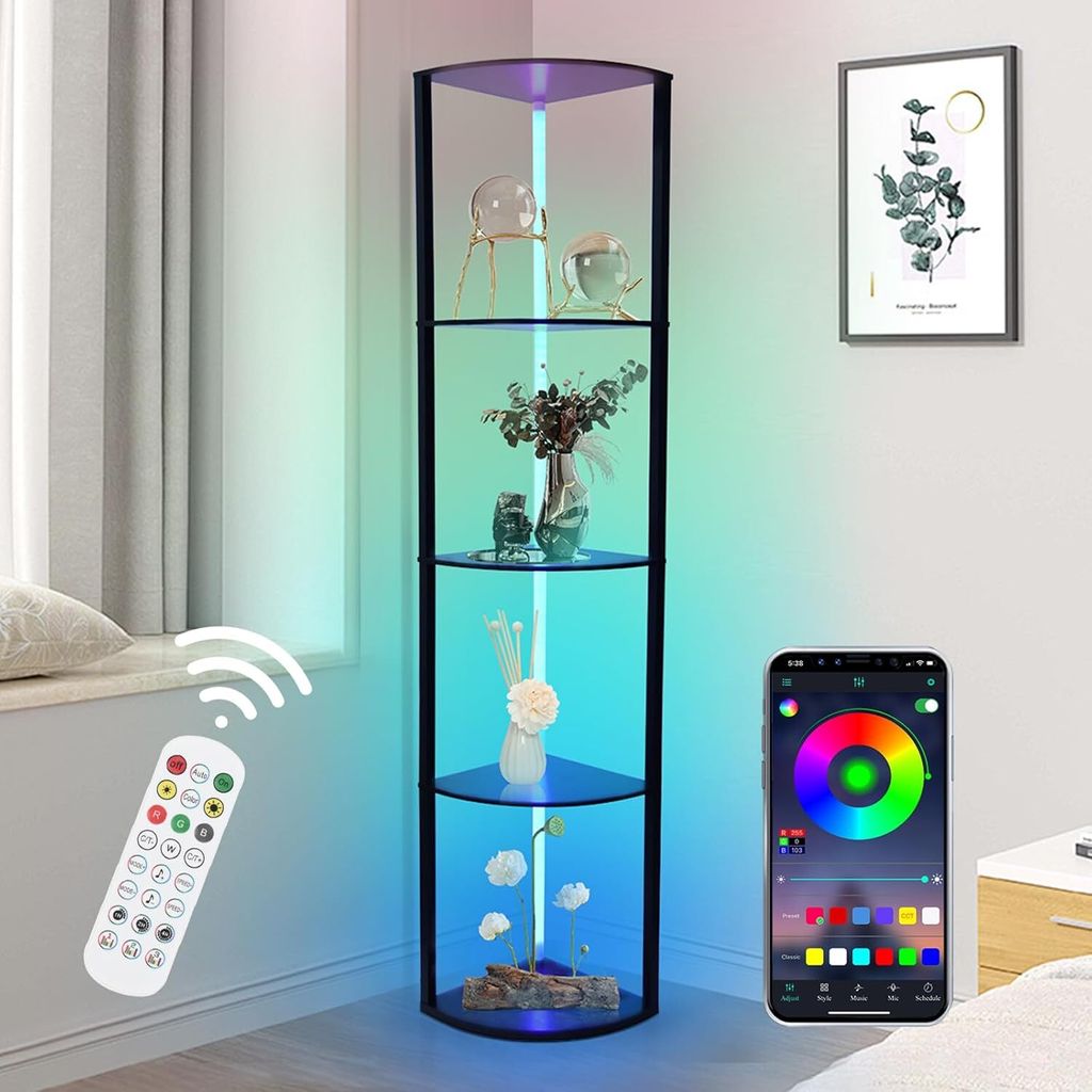 A corner display shelf with LED lighting, a remote control, and a smartphone app interface.