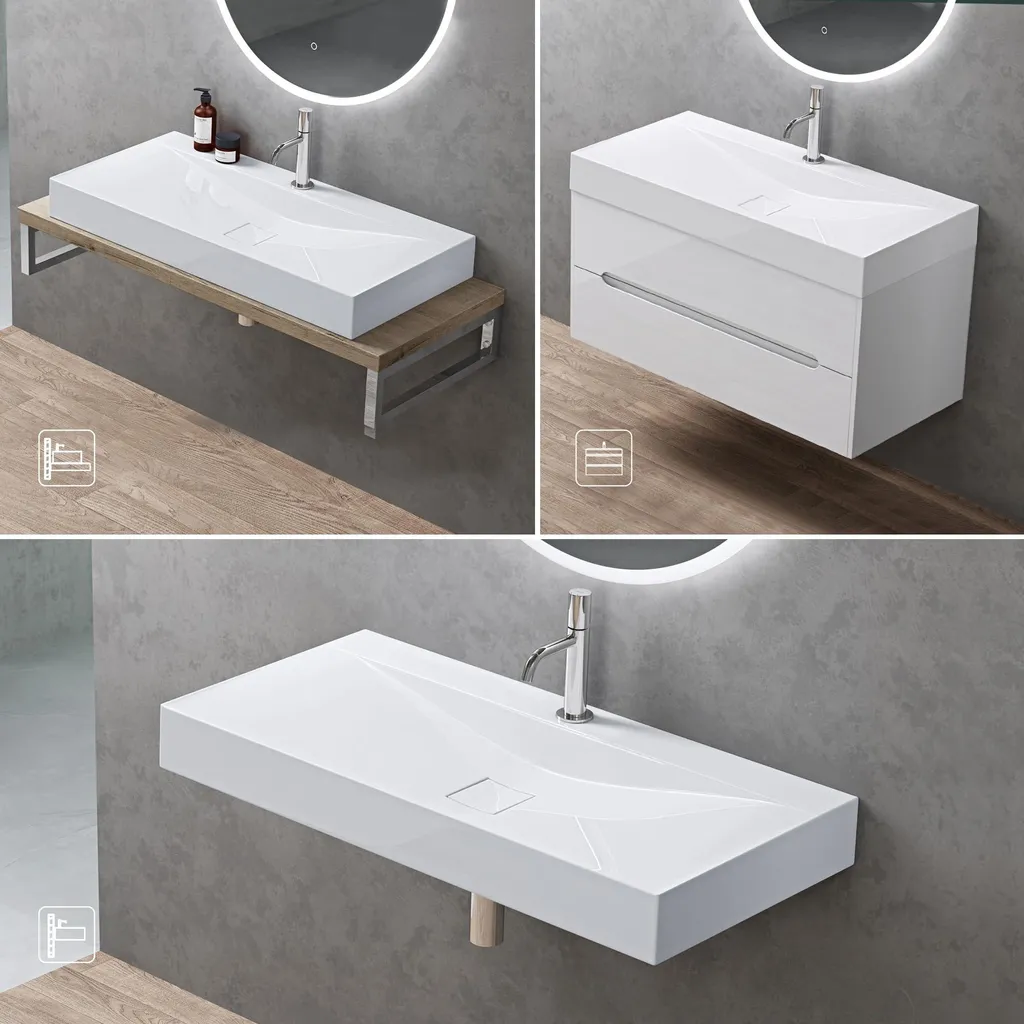 doporro Lavabo da Appoggio o Sospeso Rettangolare 80 cm in Marmoresina Bianco Lucido, Lavandino Bagno con Foro per Rubinetto, Montaggio a Parete - Colossum810 - 4