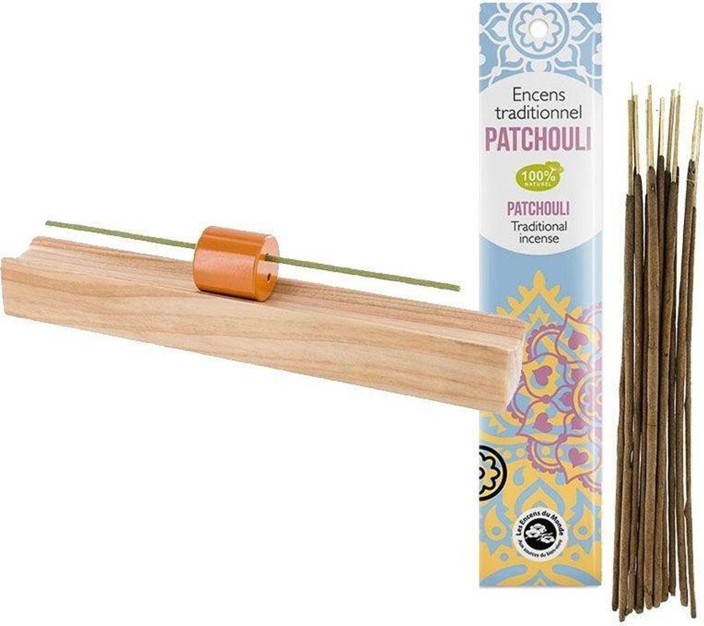 Räucherstäbchenhalter aus Edelholz Hinoki + Indisches Räucherwerk Patschuli