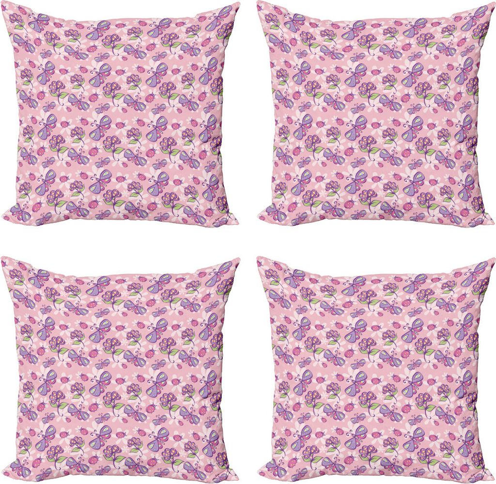 ABAKUHAUS Blumen Kissenbezug Set (4 Stück), Schmetterlings-Cartoon-Stil, Moderner Doppelseitiger Digitaldruck, 60 cm x 60 cm, Pale Pink Lavendel