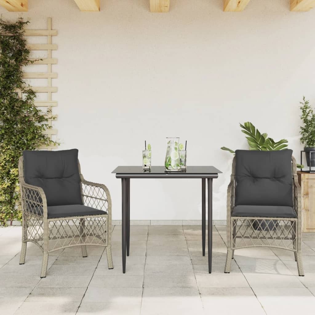 Design Gartenmöbel Set Balkonmöbel-Set 3-tlg. Bistro-Set mit Kissen Hellgrau Poly Rattan - Gartenmöbelgarnituren 2025 Neu2098434 2parcel