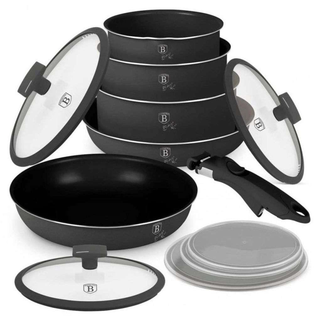 A set of cookware, including pots, pans, lids, and a detachable handle, arranged on a white background.
