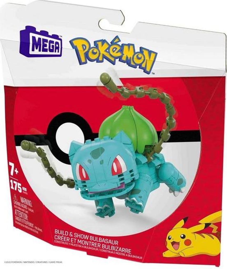 The image shows the packaging of a Mega Construx Pokemon Bulbasaur building set. The packaging features the Pokemon logo, the Mega logo, and an illustration of the Bulbasaur toy.