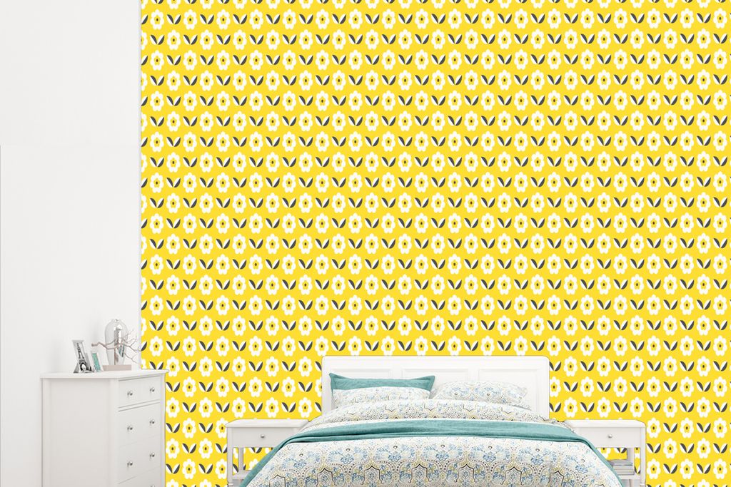 MuchoWow Fototapete für Wohnzimmer oder Schlafzimmer Wandtapete Vinyl Motivtapete Blume - Gelb - Muster - Sommer - 265x220 cm - Die Küche