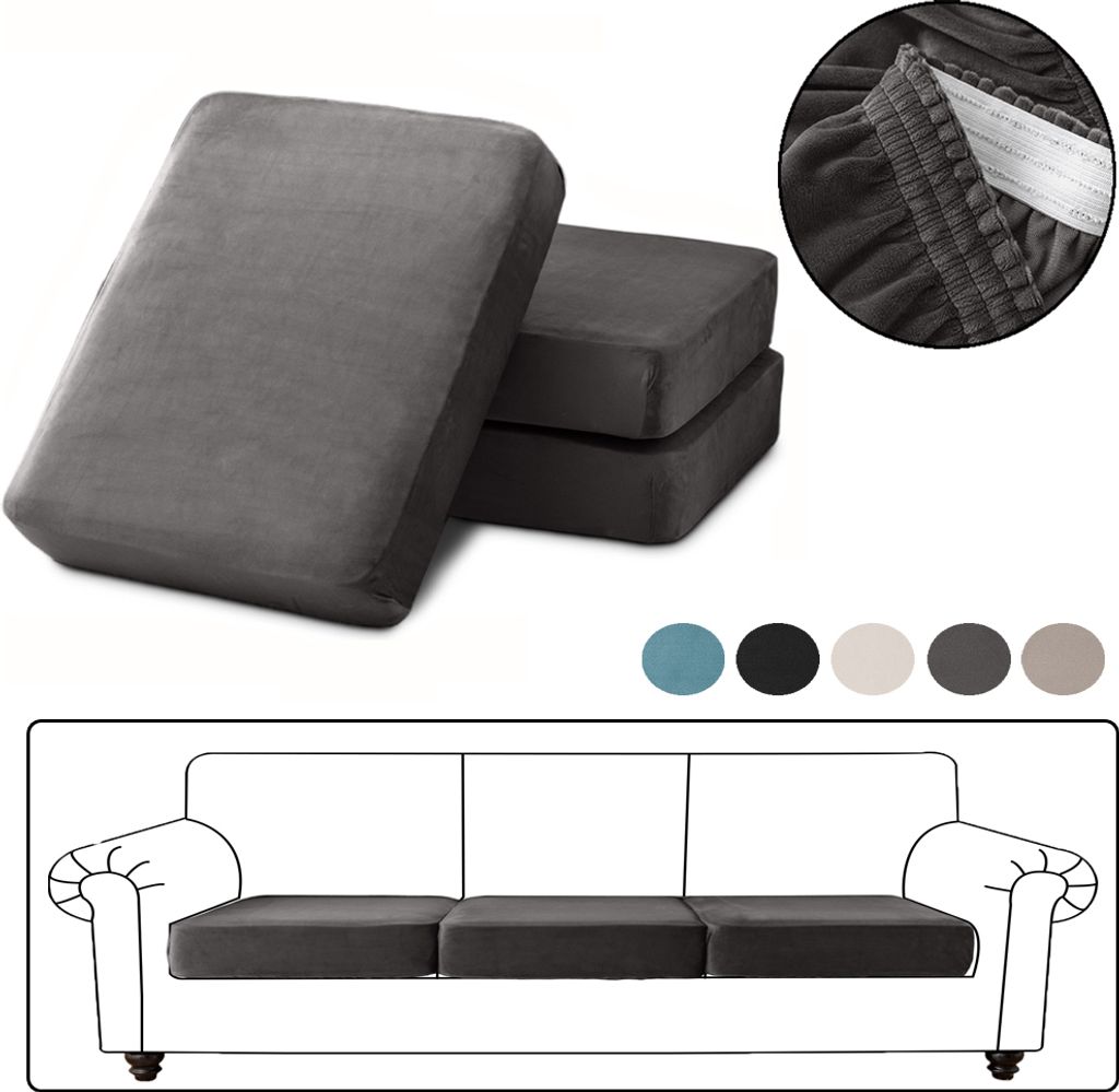 3 Stück Sofa Überzug Samt für 1-Sitzer, Sofa Bezug mit Gummiband, Sitzkissen Bezug Elastisch Universal, Sofadecken für Sitzfläche Dunkelgrau
