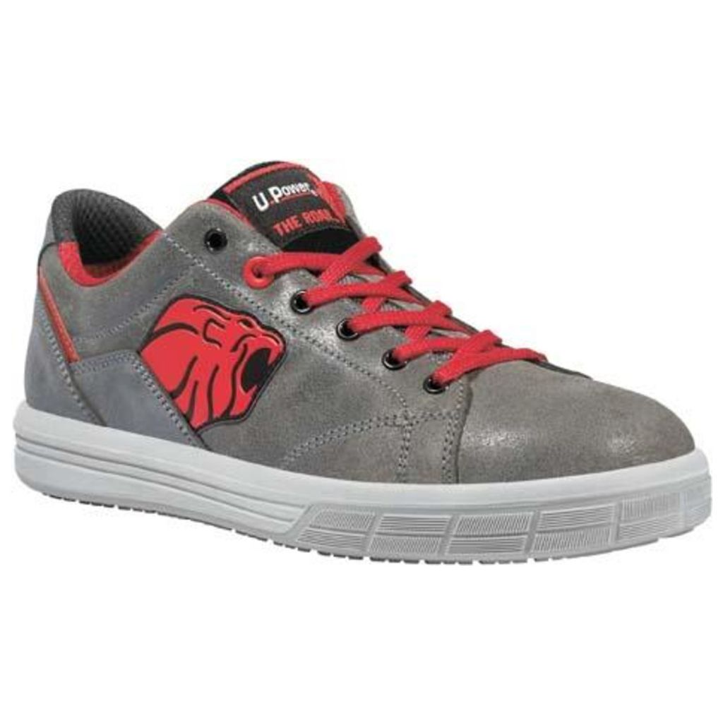 A single grey safety shoe with red accents and laces is shown against a white background.