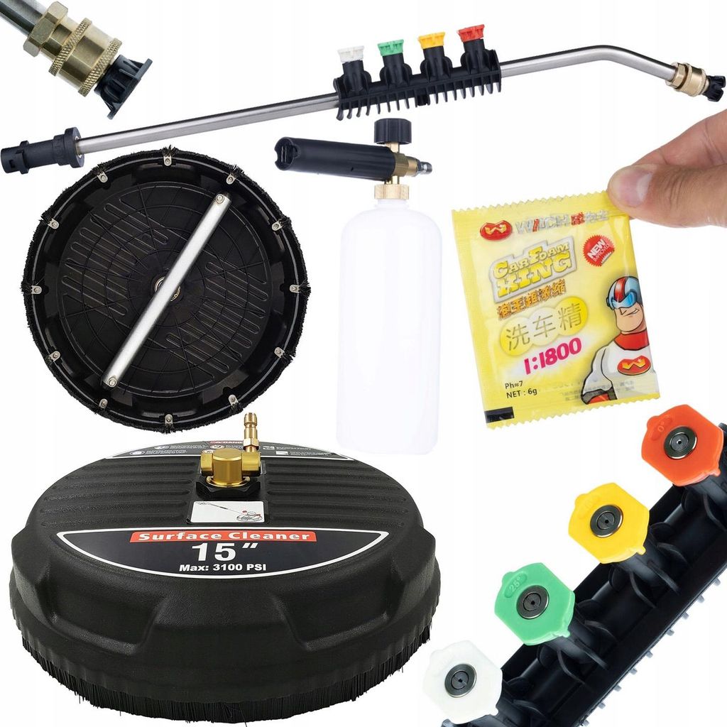 Rosfix T-Racer 1 Würfelbürste + 1/4"" Lanze für Hochdruckreiniger, gebogen, 15 + 5 Düsen und Griff + Schaumpistole 1000ML + Schaumpulver für S...
