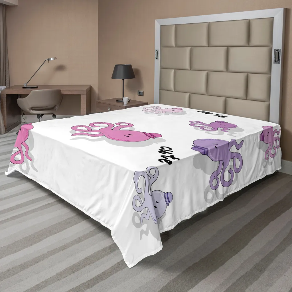 ABAKUHAUS Lenzuolo da letto femminile, motivo polipo, simpatiche ombre proiettate, illustrazioni cartoon, stampa infantile, lenzuolo morbido e confortevole per un letto decorativo, 1 pezzo, 266 cm x 260 cm, viola e blu