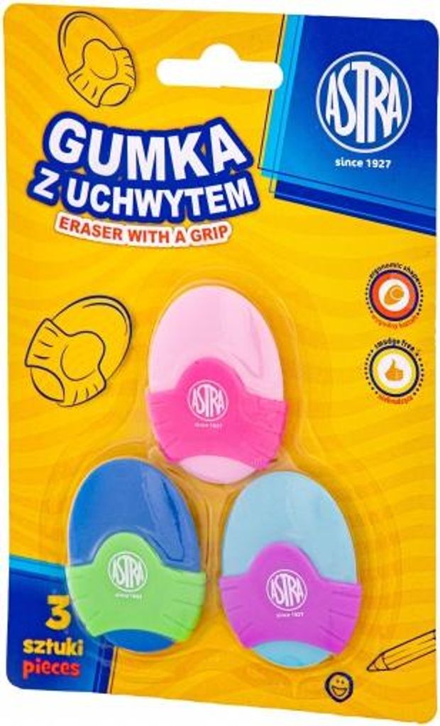 ASTRA, 3 Stk. ovaler Radiergummi mit Griff, Blister, 403022006