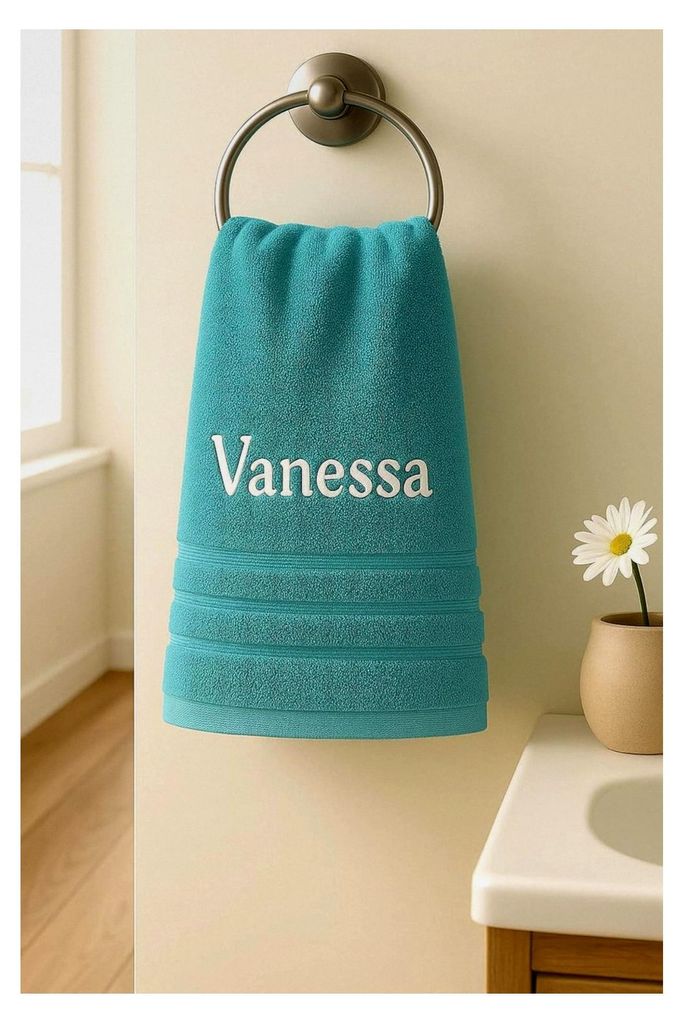 2er Set personalisierte Handtücher mit Namen, bestickt, 100 % Baumwolle, 50 x 100 cm + 140 x 70 cm, türkis