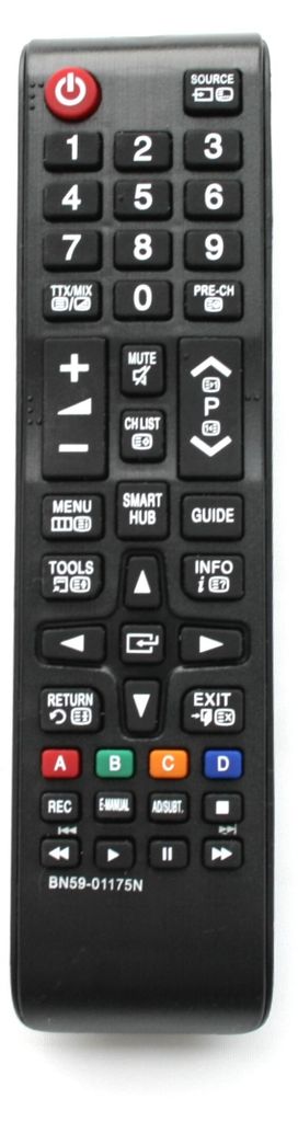 A black remote control with various buttons is shown against a white background.