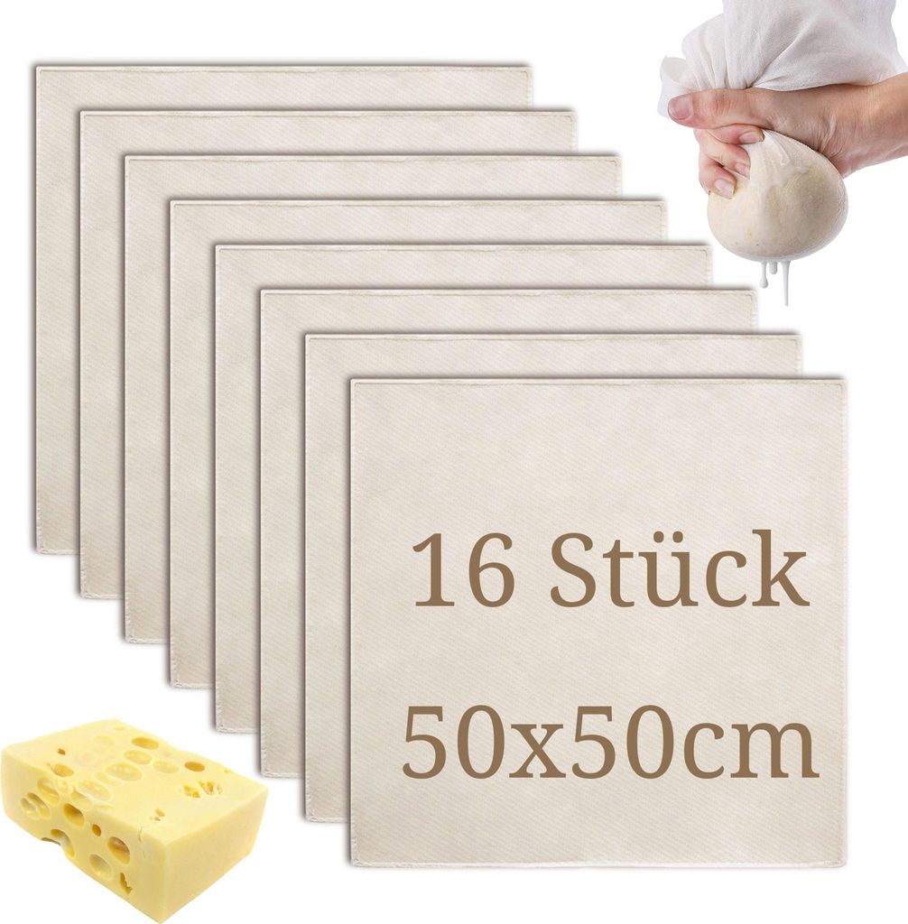 16Stk Passiertuch Wiederverwendbar Käsetuch,50x50cm Seihtuch Ungebleichte Filtertuch zum Abseihen von Flüssigkeiten Backen Käse Machen