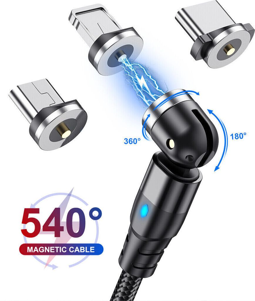 A magnetic charging cable with three different magnetic adapters (USB-C, Micro USB, Lightning) is shown, demonstrating its 360-degree and 180-degree rotation capabilities. The text highlights '540° MAGNETIC CABLE'.
