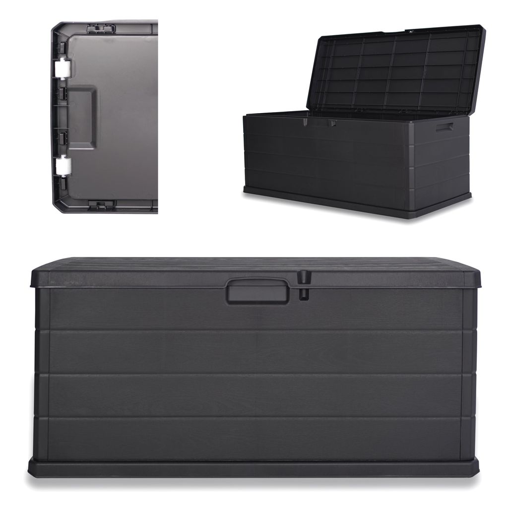 A collage of three images showing a black outdoor storage box from different angles.