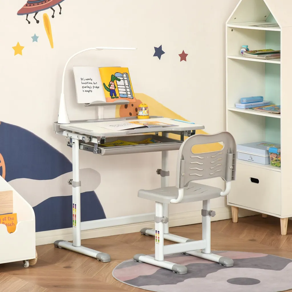 Bureau Enfant Inclinable avec Lampe LED et Support Lecture - Gris Hauteur