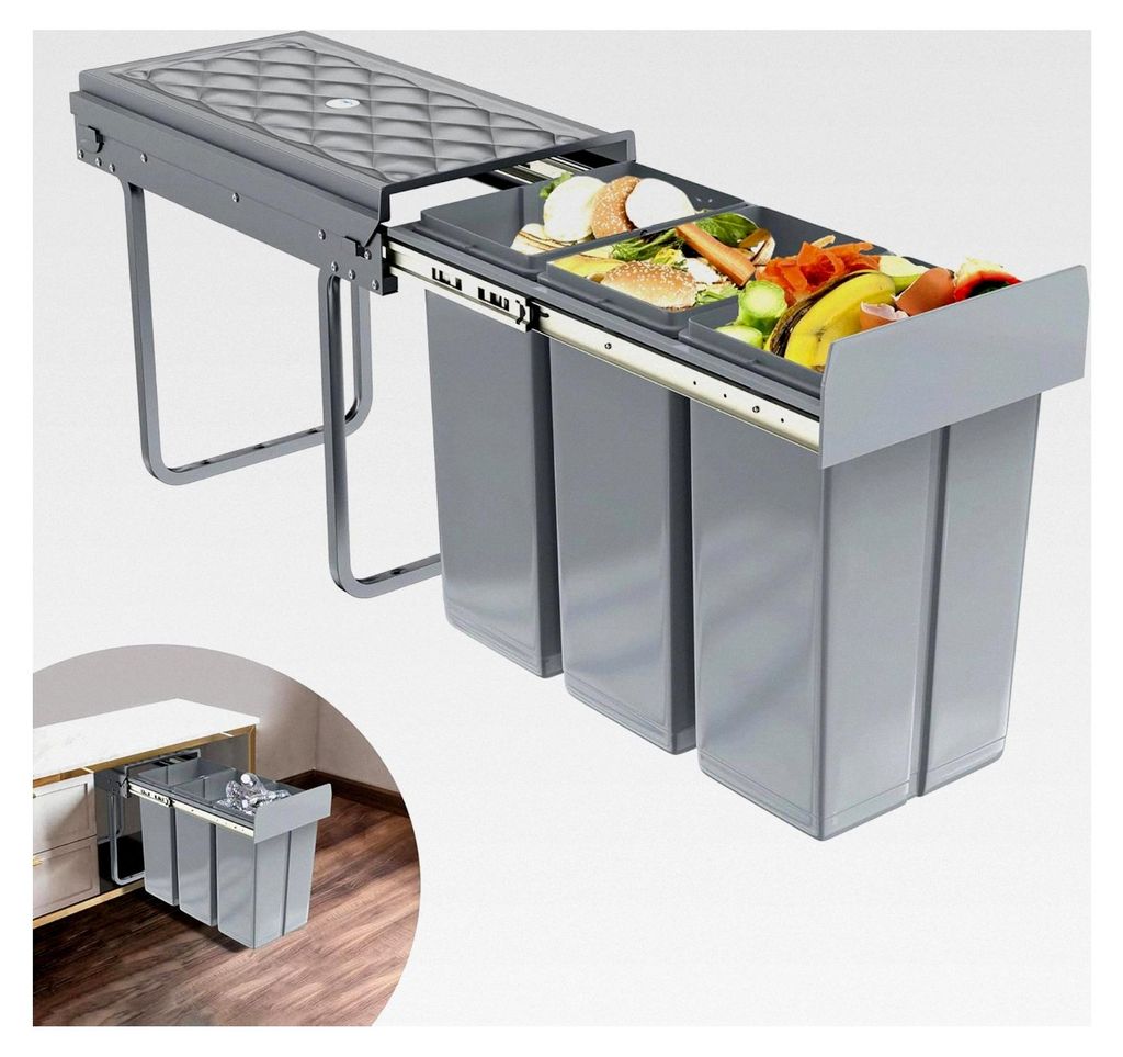 Grau 3 x 10L Einbaumülleimer Mülltrennsystem Ausziehbar Mehrfachbehälter Abfallsammler Schrankmülleimer Geruchsdicht Zugang für Küche 48x26x42cm