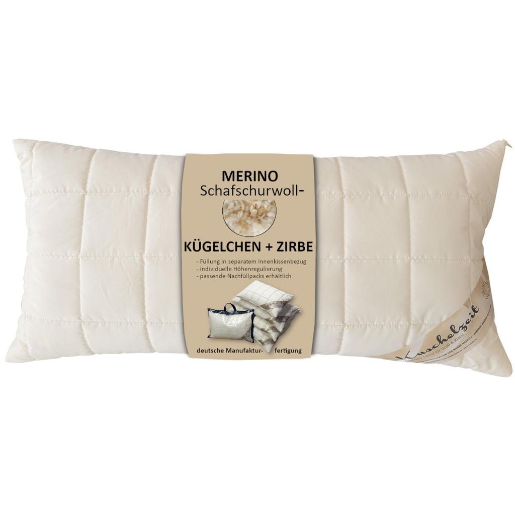 A cream-colored pillow with a product label attached.