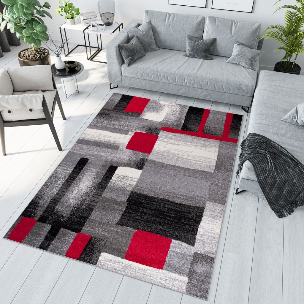 Teppich Wohnzimmer Schlafzimmer Kurzflor Modern Design Grau Rot Meliert 140 x 190 cm