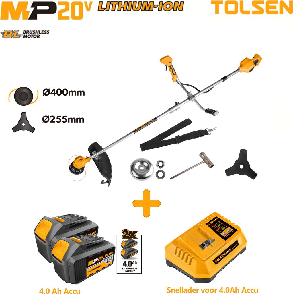 Tolsen Akku-Rasentrimmer bürstenlos 20 V – inkl. 2x 4,0 Ah Akkus, 1x Schnellladegerät & Zubehör – Maxami