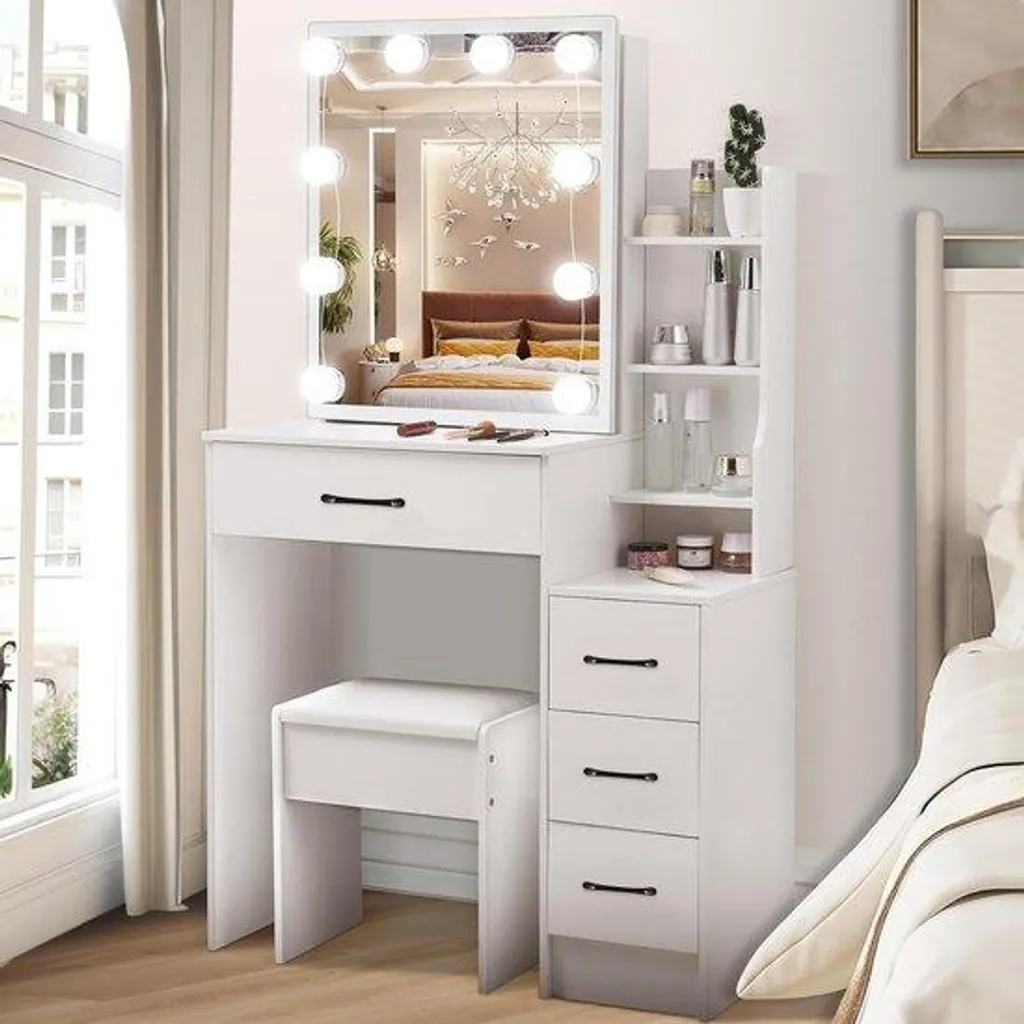 Coiffeuse avec miroir LED style Hollywood et tiroir de rangement chic